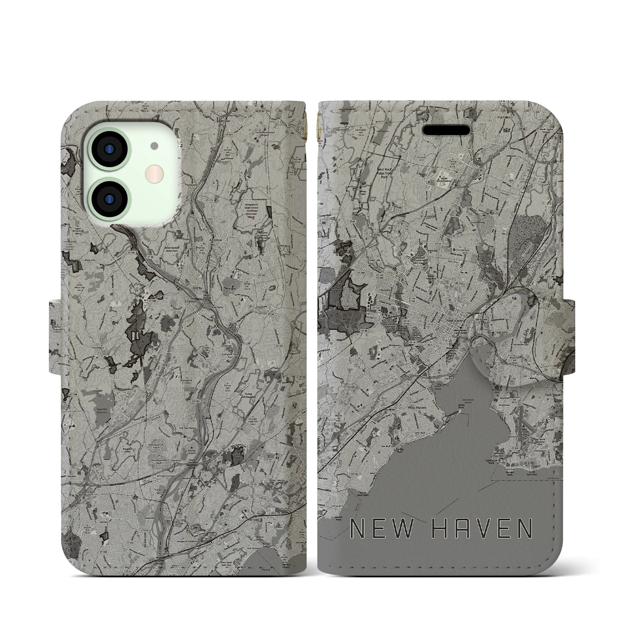 【ニューヘイブン(アメリカ)】地図柄iPhoneケース(手帳タイプ)モノトーン・iPhone 12 mini 用