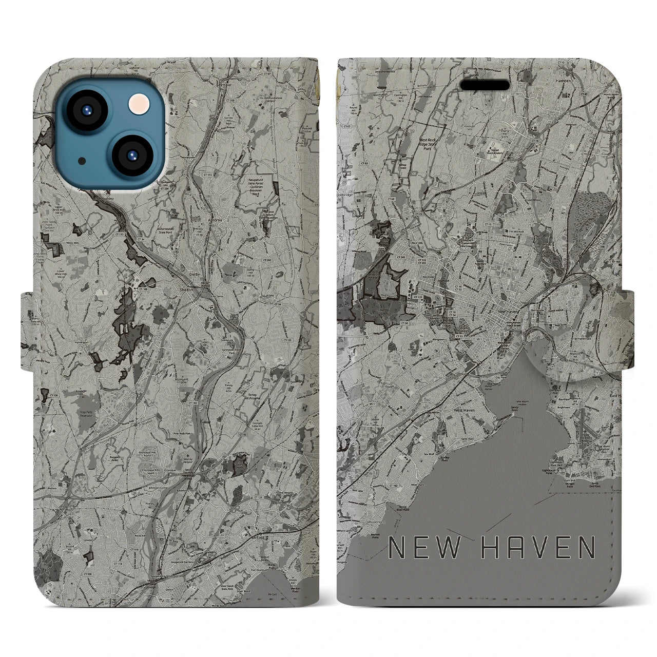 【ニューヘイブン(アメリカ)】地図柄iPhoneケース(手帳タイプ)モノトーン・iPhone 13 用