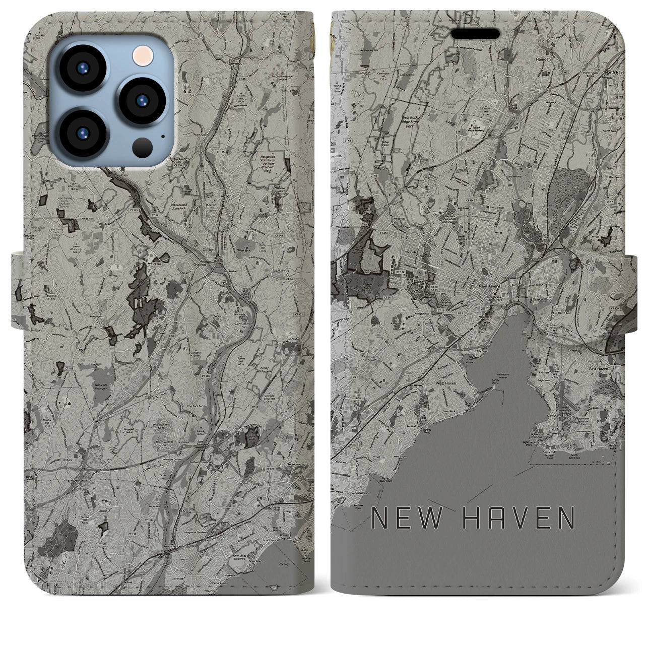 【ニューヘイブン(アメリカ)】地図柄iPhoneケース(手帳タイプ)モノトーン・iPhone 13 Pro Max 用