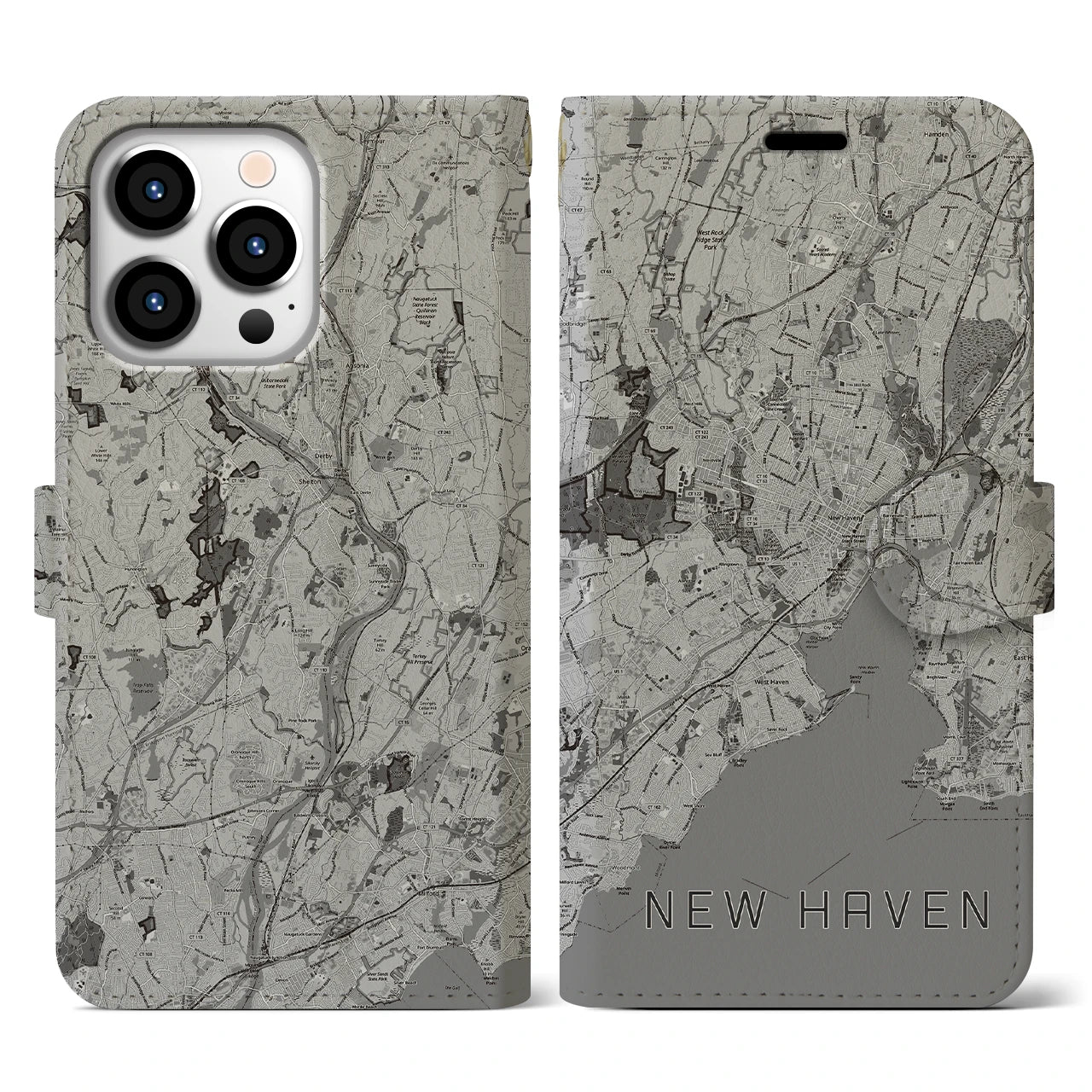 【ニューヘイブン(アメリカ)】地図柄iPhoneケース(手帳タイプ)モノトーン・iPhone 13 Pro 用