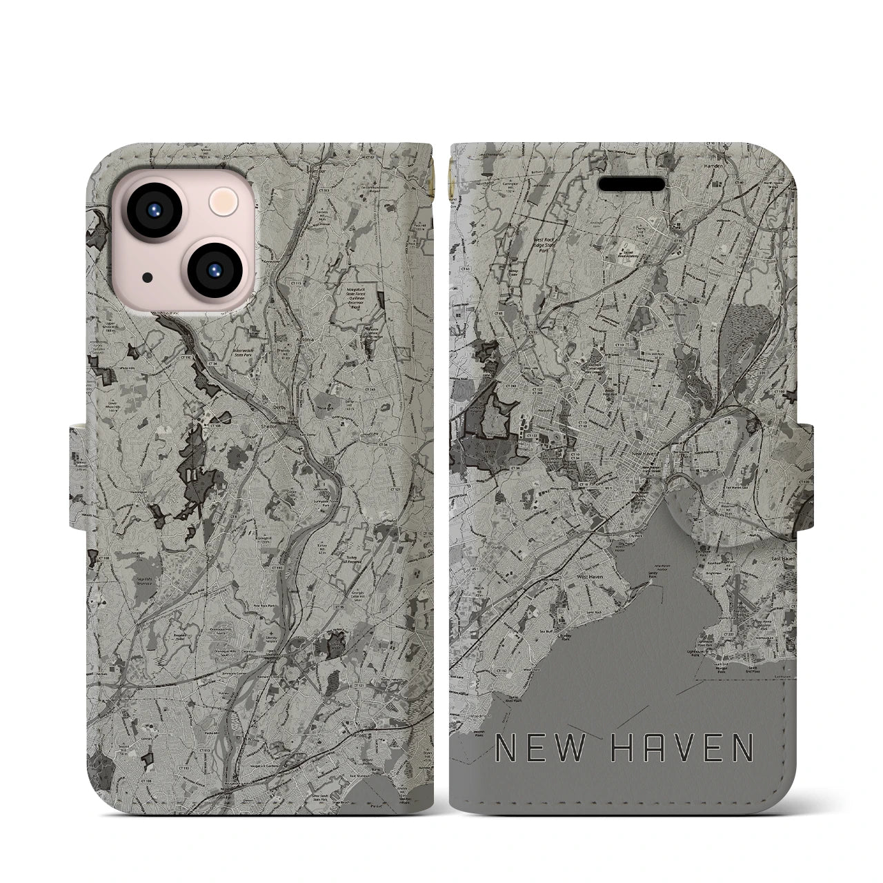 【ニューヘイブン(アメリカ)】地図柄iPhoneケース(手帳タイプ)モノトーン・iPhone 13 mini 用