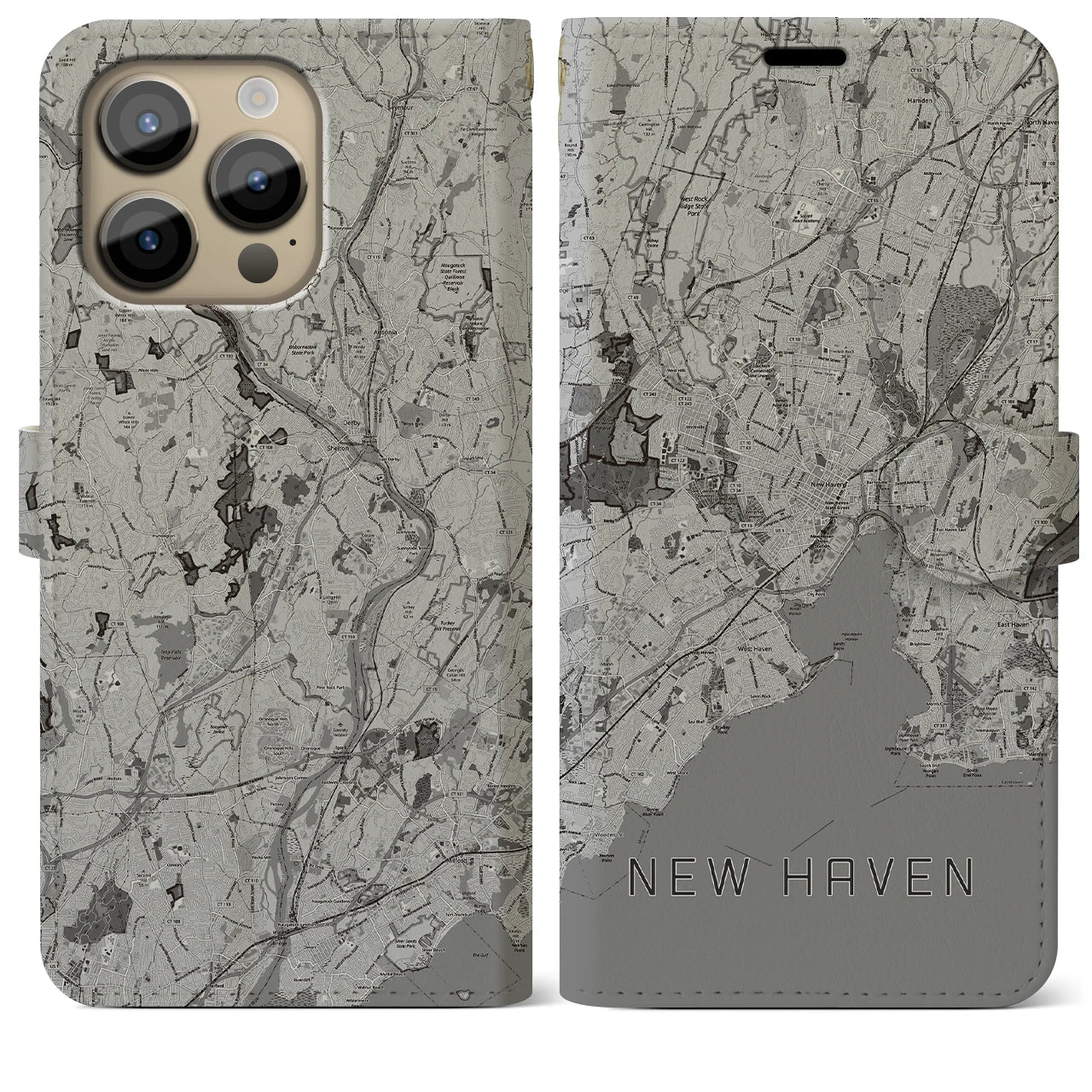 【ニューヘイブン(アメリカ)】地図柄iPhoneケース(手帳タイプ)モノトーン・iPhone 14 Pro Max 用