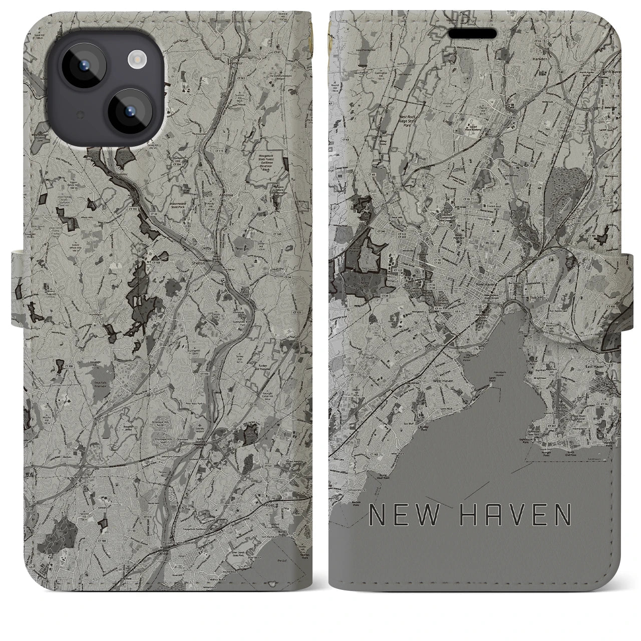 【ニューヘイブン(アメリカ)】地図柄iPhoneケース(手帳タイプ)モノトーン・iPhone 14 Plus 用