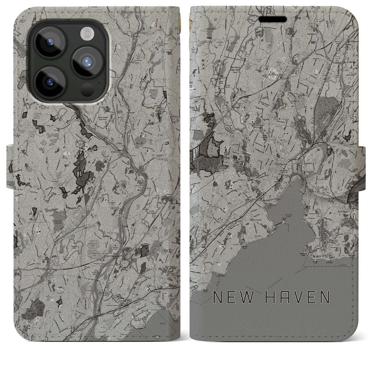 【ニューヘイブン(アメリカ)】地図柄iPhoneケース(手帳タイプ)モノトーン・iPhone 15 Pro Max 用