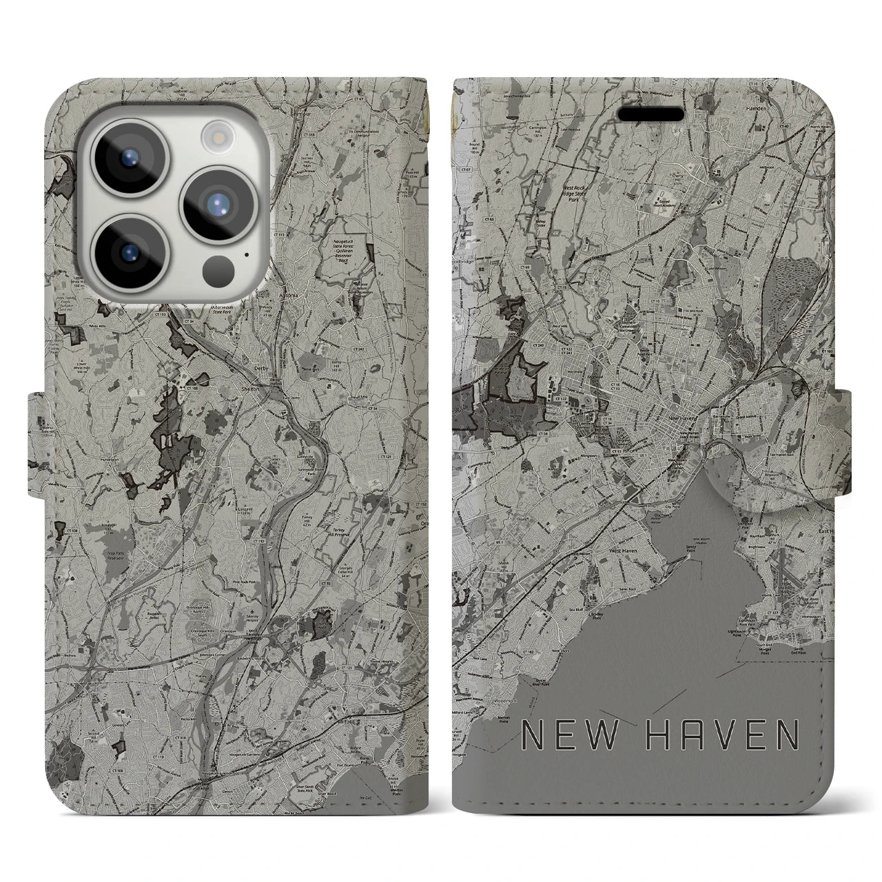 【ニューヘイブン(アメリカ)】地図柄iPhoneケース(手帳タイプ)モノトーン・iPhone 15 Pro 用