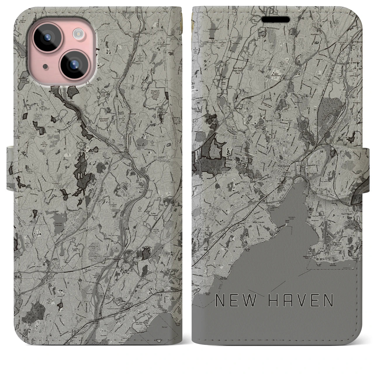 【ニューヘイブン(アメリカ)】地図柄iPhoneケース(手帳タイプ)モノトーン・iPhone 15 Plus 用