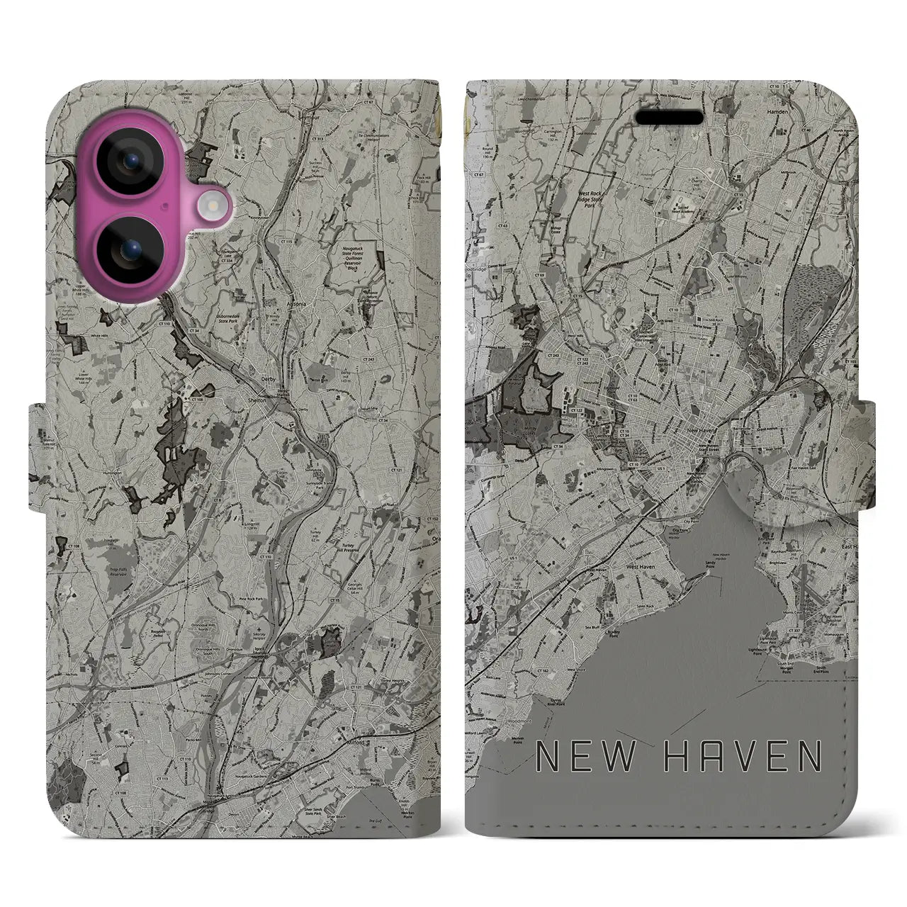 【ニューヘイブン(アメリカ)】地図柄iPhoneケース(手帳タイプ)モノトーン・iPhone 16 Pro 用