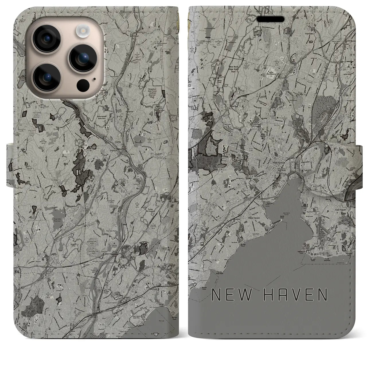 【ニューヘイブン(アメリカ)】地図柄iPhoneケース(手帳タイプ)モノトーン・iPhone 16 Plus 用