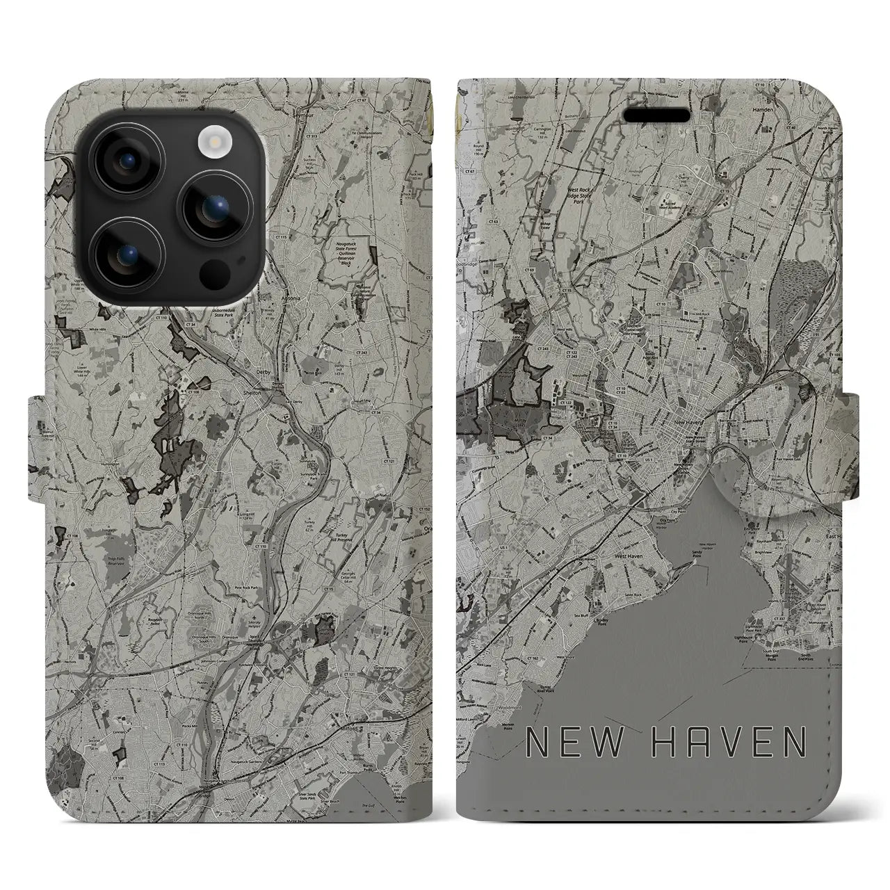 【ニューヘイブン(アメリカ)】地図柄iPhoneケース(手帳タイプ)モノトーン・iPhone 16 用