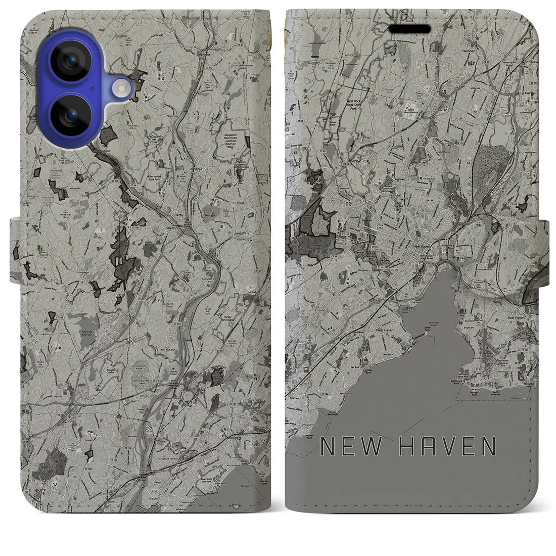 【ニューヘイブン(アメリカ)】地図柄iPhoneケース(手帳タイプ)モノトーン・iPhone 16 Pro Max 用