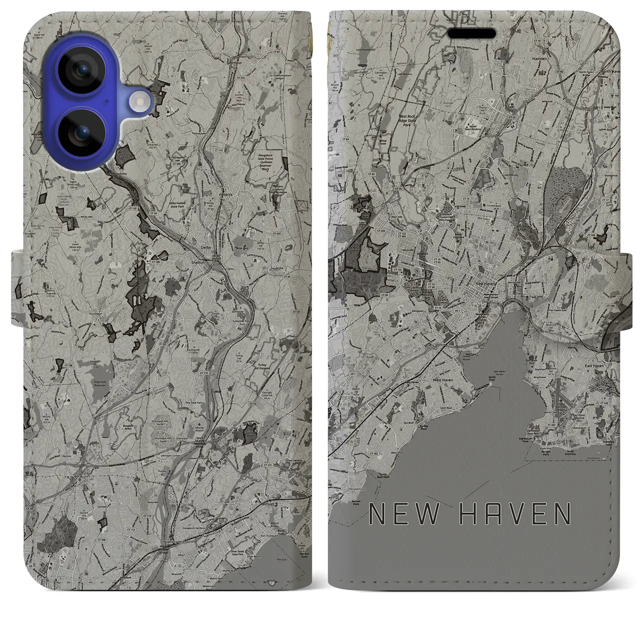 【ニューヘイブン(アメリカ)】地図柄iPhoneケース(手帳タイプ)モノトーン・iPhone 16 Pro Max 用