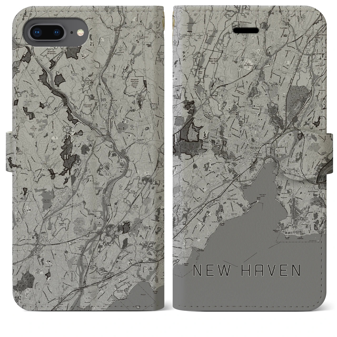 【ニューヘイブン(アメリカ)】地図柄iPhoneケース(手帳タイプ)モノトーン・iPhone 8Plus /7Plus / 6sPlus / 6Plus 用