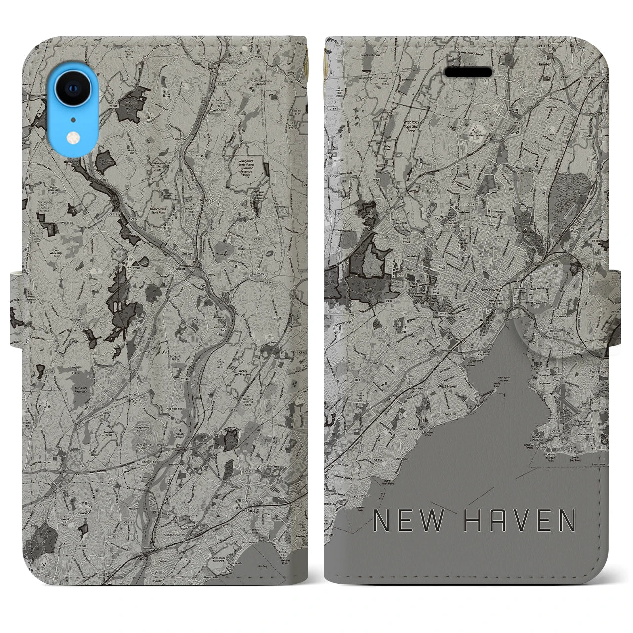 【ニューヘイブン(アメリカ)】地図柄iPhoneケース(手帳タイプ)モノトーン・iPhone XR 用