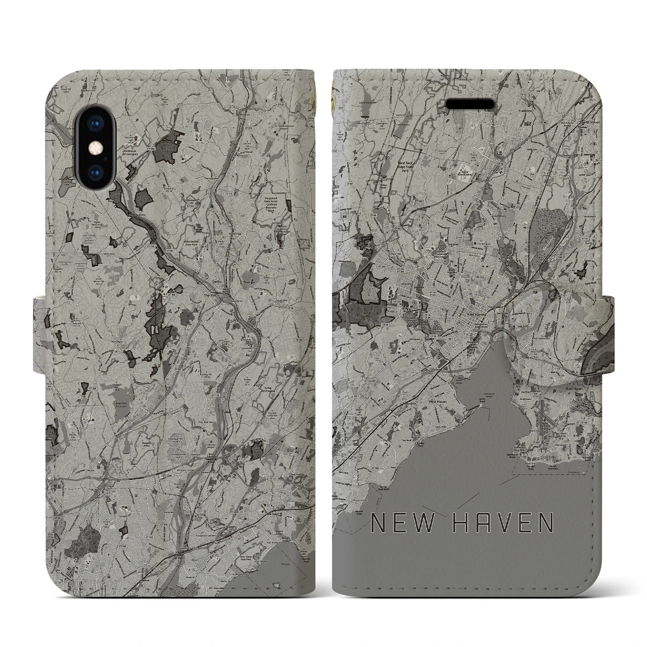 【ニューヘイブン(アメリカ)】地図柄iPhoneケース(手帳タイプ)モノトーン・iPhone XS / X 用