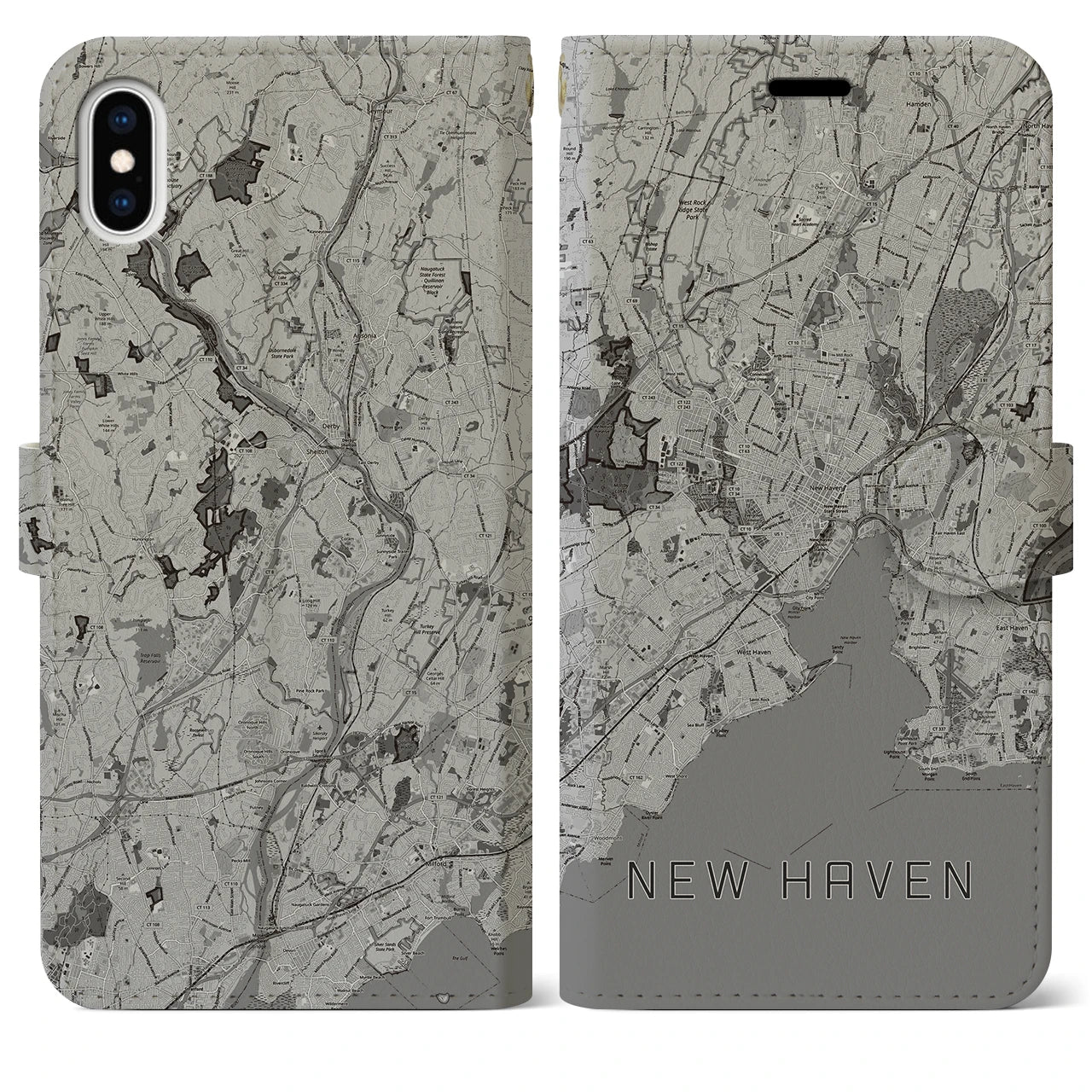 【ニューヘイブン(アメリカ)】地図柄iPhoneケース(手帳タイプ)モノトーン・iPhone XS Max 用