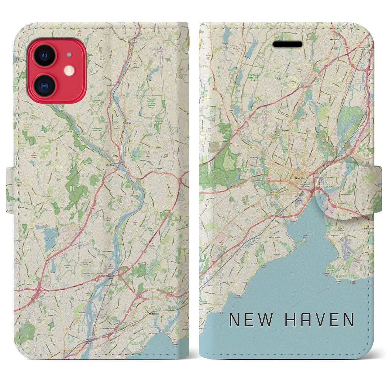 【ニューヘイブン(アメリカ)】地図柄iPhoneケース(手帳タイプ)ナチュラル・iPhone 11 用