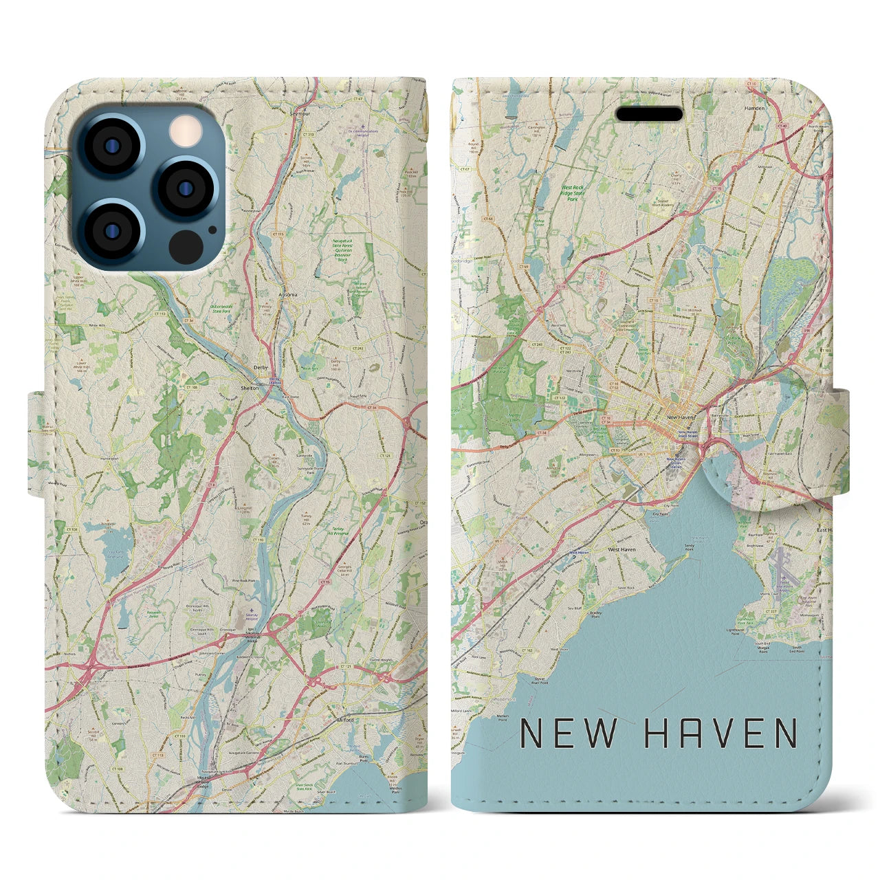 【ニューヘイブン(アメリカ)】地図柄iPhoneケース(手帳タイプ)ナチュラル・iPhone 12 / 12 Pro 用