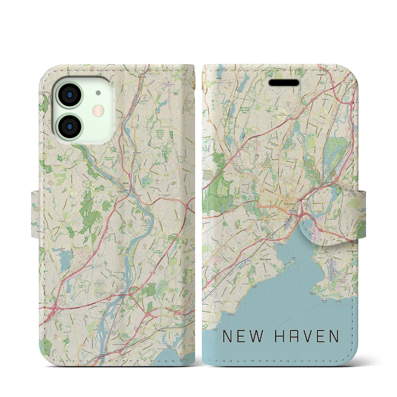 【ニューヘイブン(アメリカ)】地図柄iPhoneケース(手帳タイプ)ナチュラル・iPhone 12 mini 用