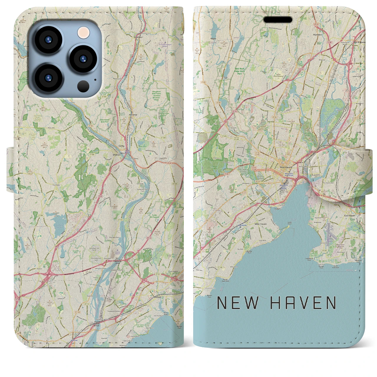 【ニューヘイブン(アメリカ)】地図柄iPhoneケース(手帳タイプ)ナチュラル・iPhone 13 Pro Max 用