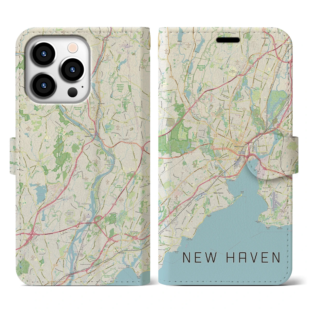 【ニューヘイブン(アメリカ)】地図柄iPhoneケース(手帳タイプ)ナチュラル・iPhone 13 Pro 用