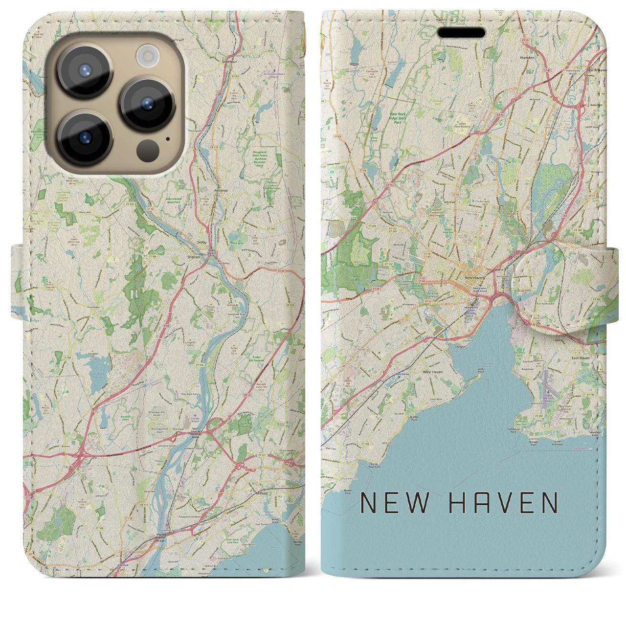 【ニューヘイブン(アメリカ)】地図柄iPhoneケース(手帳タイプ)ナチュラル・iPhone 14 Pro Max 用