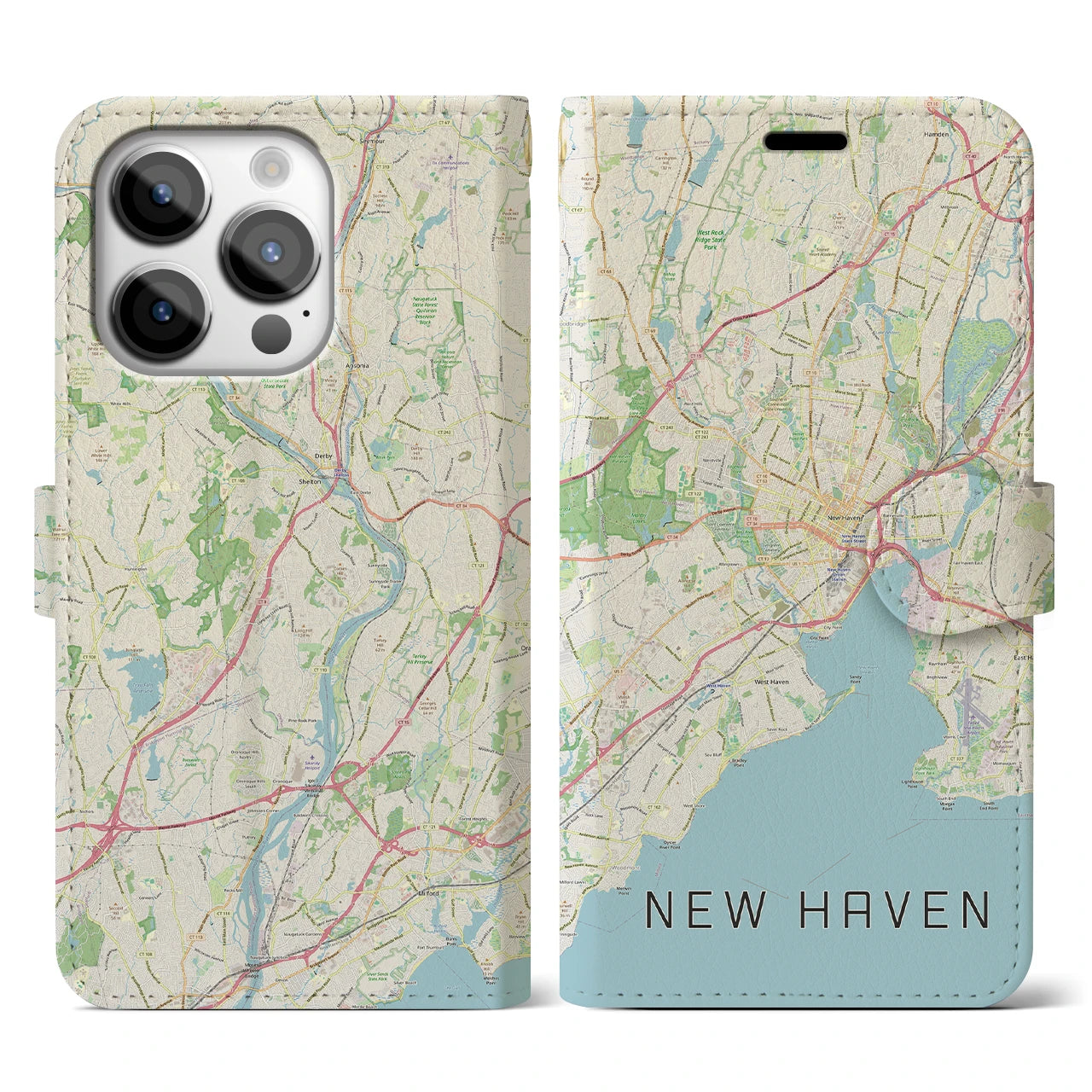 【ニューヘイブン(アメリカ)】地図柄iPhoneケース(手帳タイプ)ナチュラル・iPhone 14 Pro 用