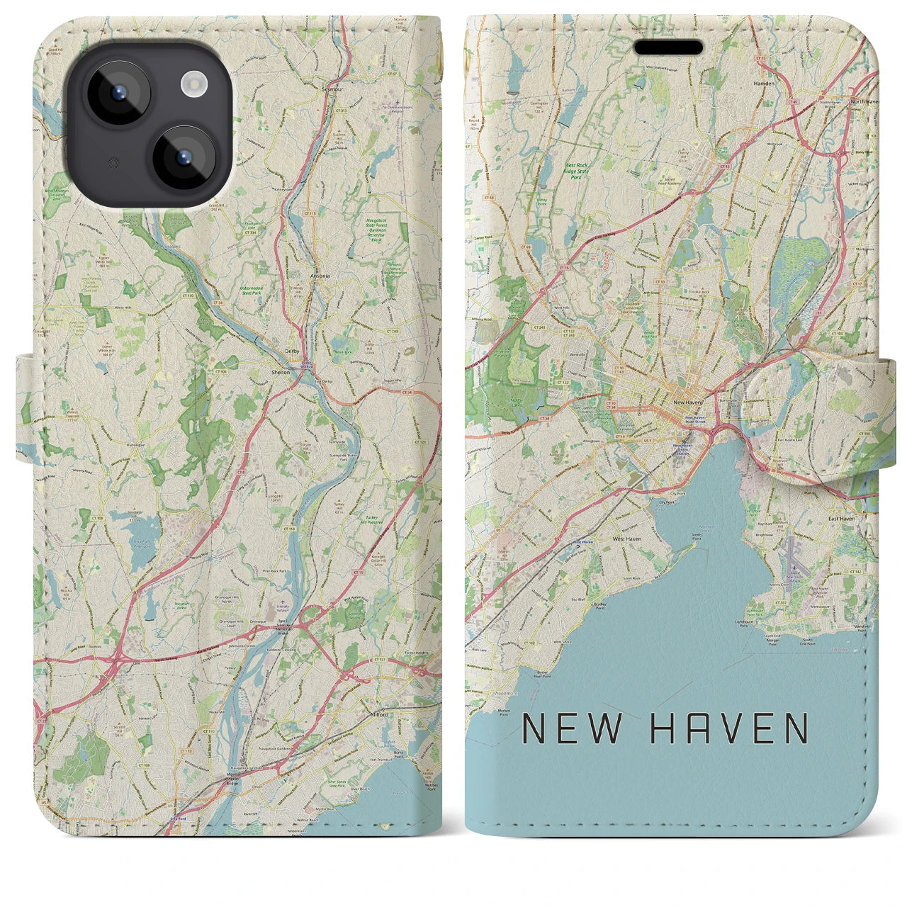 【ニューヘイブン(アメリカ)】地図柄iPhoneケース(手帳タイプ)ナチュラル・iPhone 14 Plus 用