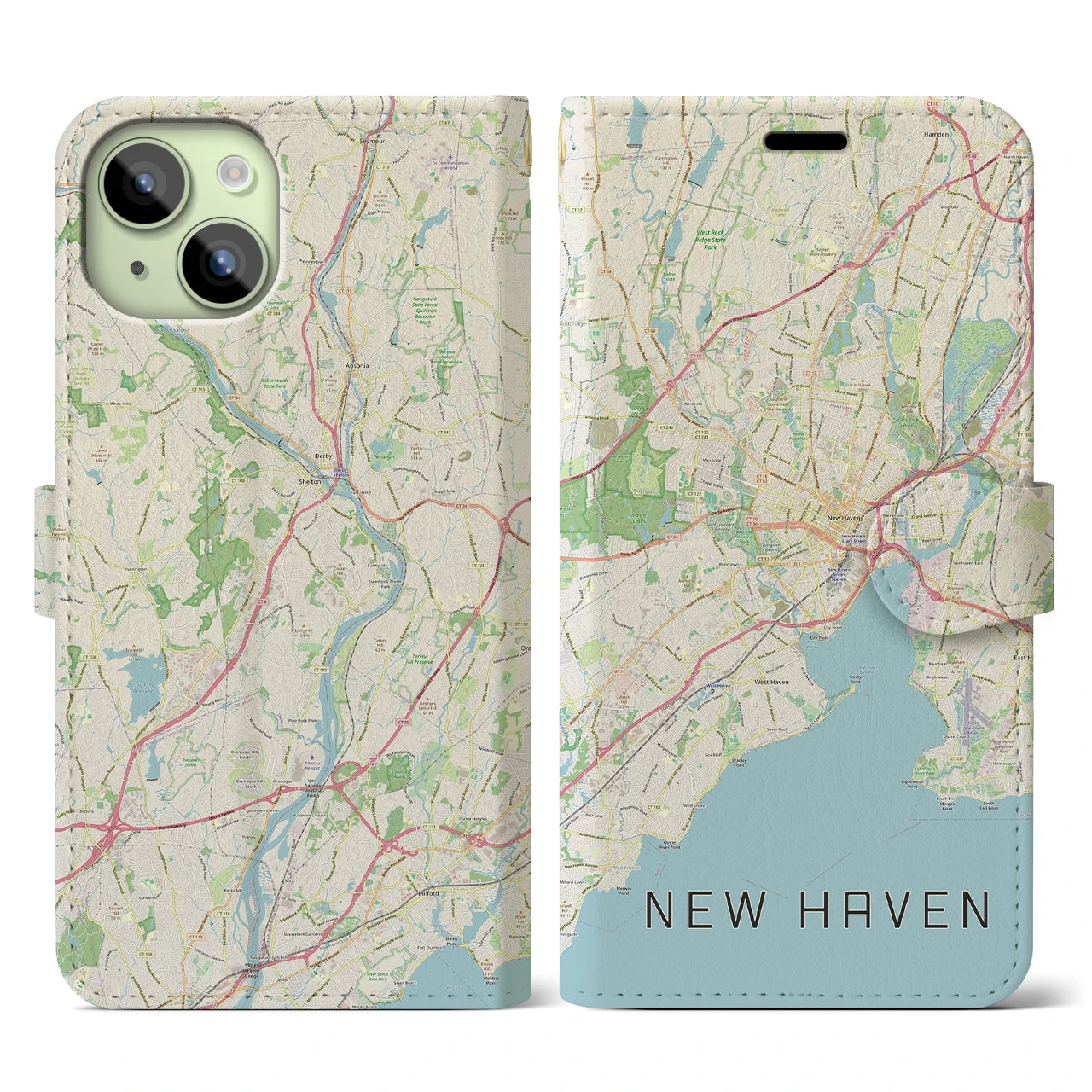 【ニューヘイブン(アメリカ)】地図柄iPhoneケース(手帳タイプ)ナチュラル・iPhone 15 用