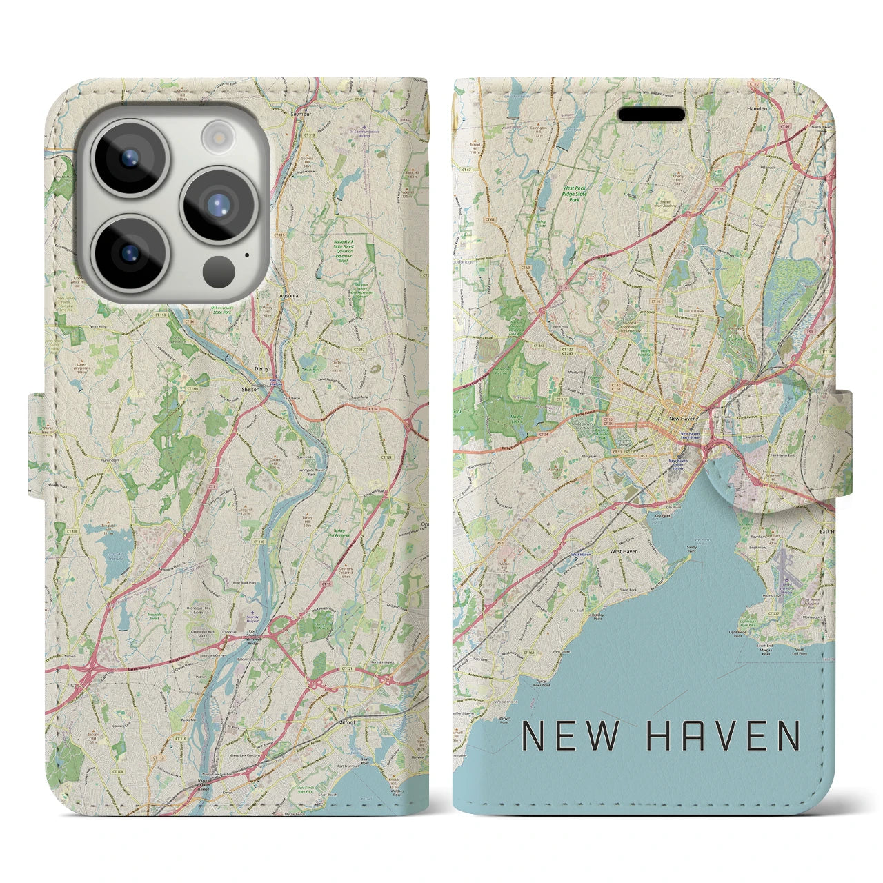 【ニューヘイブン(アメリカ)】地図柄iPhoneケース(手帳タイプ)ナチュラル・iPhone 15 Pro 用