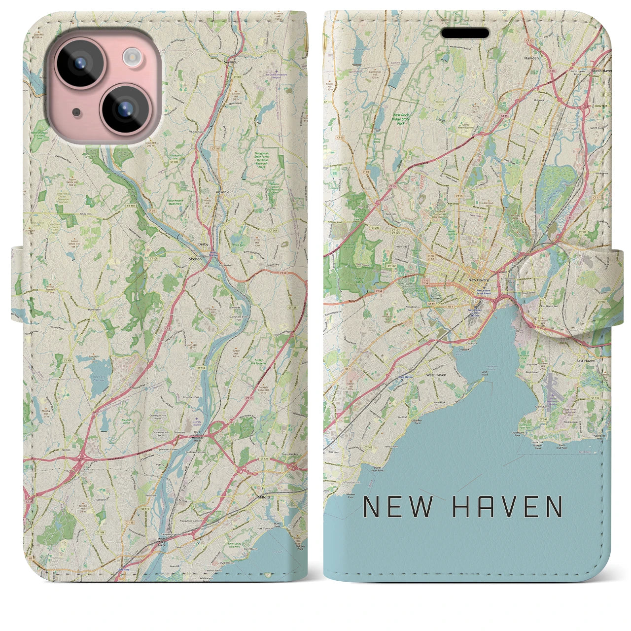 【ニューヘイブン(アメリカ)】地図柄iPhoneケース(手帳タイプ)ナチュラル・iPhone 15 Plus 用