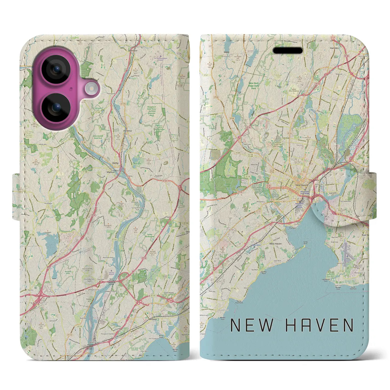 【ニューヘイブン(アメリカ)】地図柄iPhoneケース(手帳タイプ)ナチュラル・iPhone 16 Pro 用