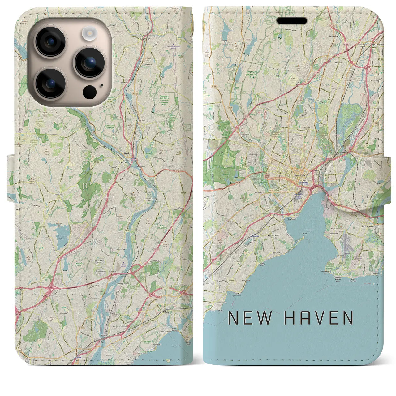 【ニューヘイブン(アメリカ)】地図柄iPhoneケース(手帳タイプ)ナチュラル・iPhone 16 Plus 用