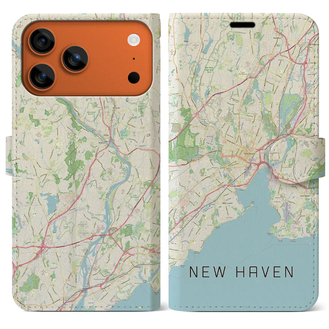 【ニューヘイブン(アメリカ)】地図柄iPhoneケース(手帳タイプ)ナチュラル・iPhone 17 Pro Max 用