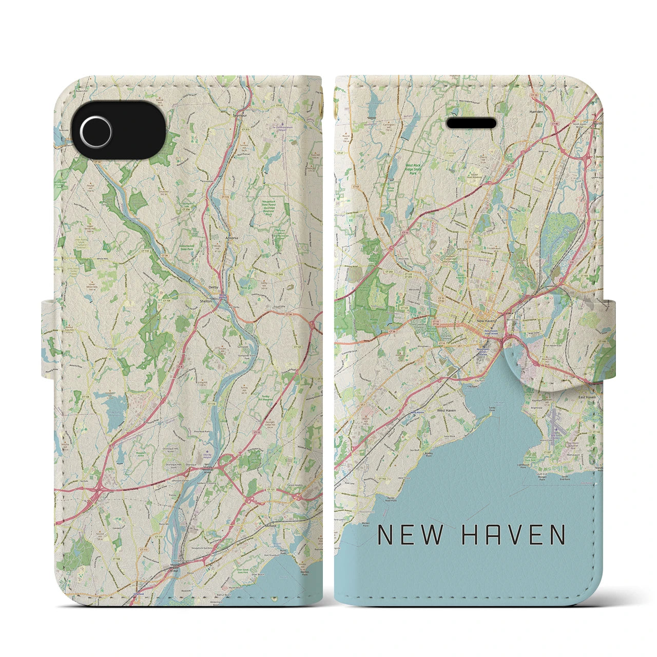 【ニューヘイブン(アメリカ)】地図柄iPhoneケース(手帳タイプ)ナチュラル・iPhone SE(第3 / 第2世代) / 8 / 7 / 6s / 6 用