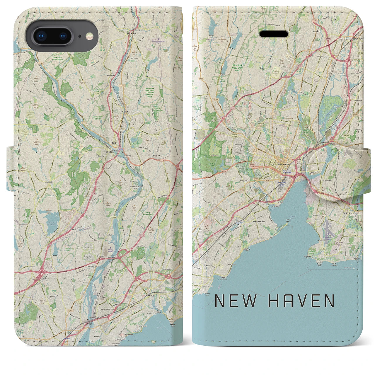 【ニューヘイブン(アメリカ)】地図柄iPhoneケース(手帳タイプ)ナチュラル・iPhone 8Plus /7Plus / 6sPlus / 6Plus 用