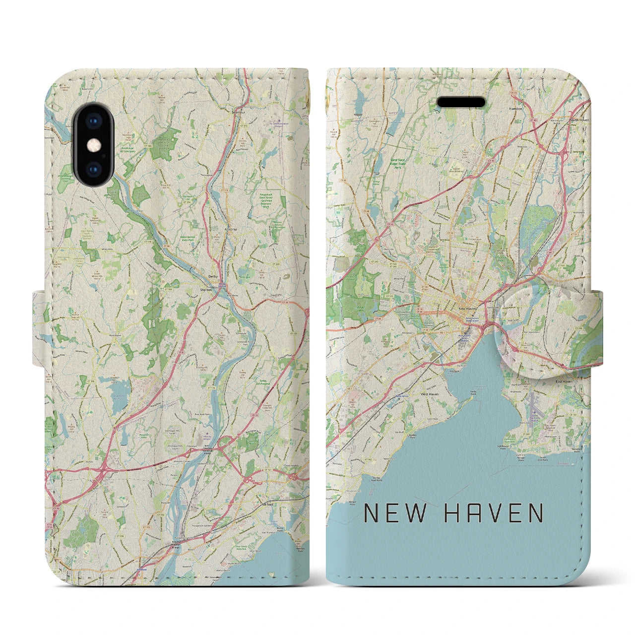 【ニューヘイブン(アメリカ)】地図柄iPhoneケース(手帳タイプ)ナチュラル・iPhone XS / X 用