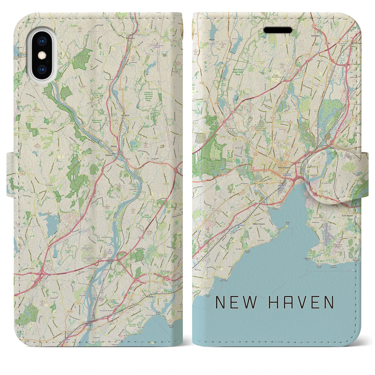 【ニューヘイブン(アメリカ)】地図柄iPhoneケース(手帳タイプ)ナチュラル・iPhone XS Max 用