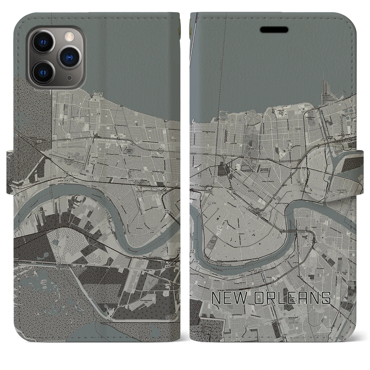 【ニューオーリンズ(アメリカ)】地図柄iPhoneケース(手帳タイプ)モノトーン・iPhone 11 Pro Max 用