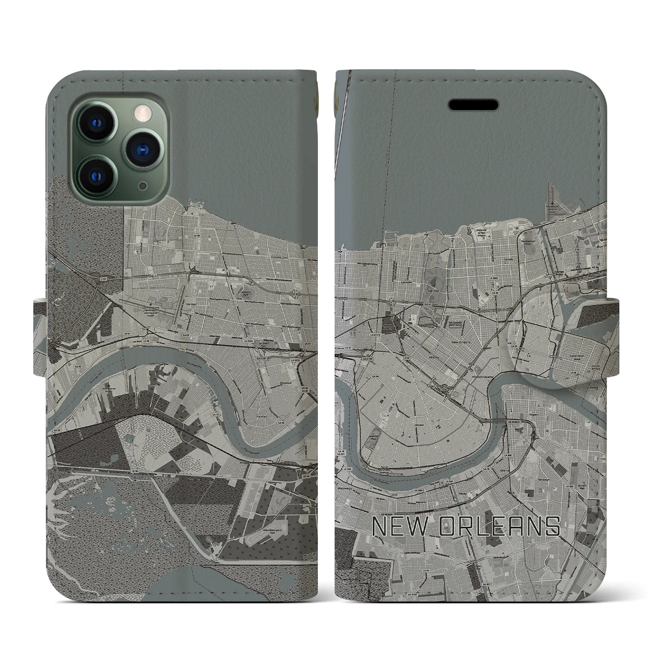 【ニューオーリンズ(アメリカ)】地図柄iPhoneケース(手帳タイプ)モノトーン・iPhone 11 Pro 用