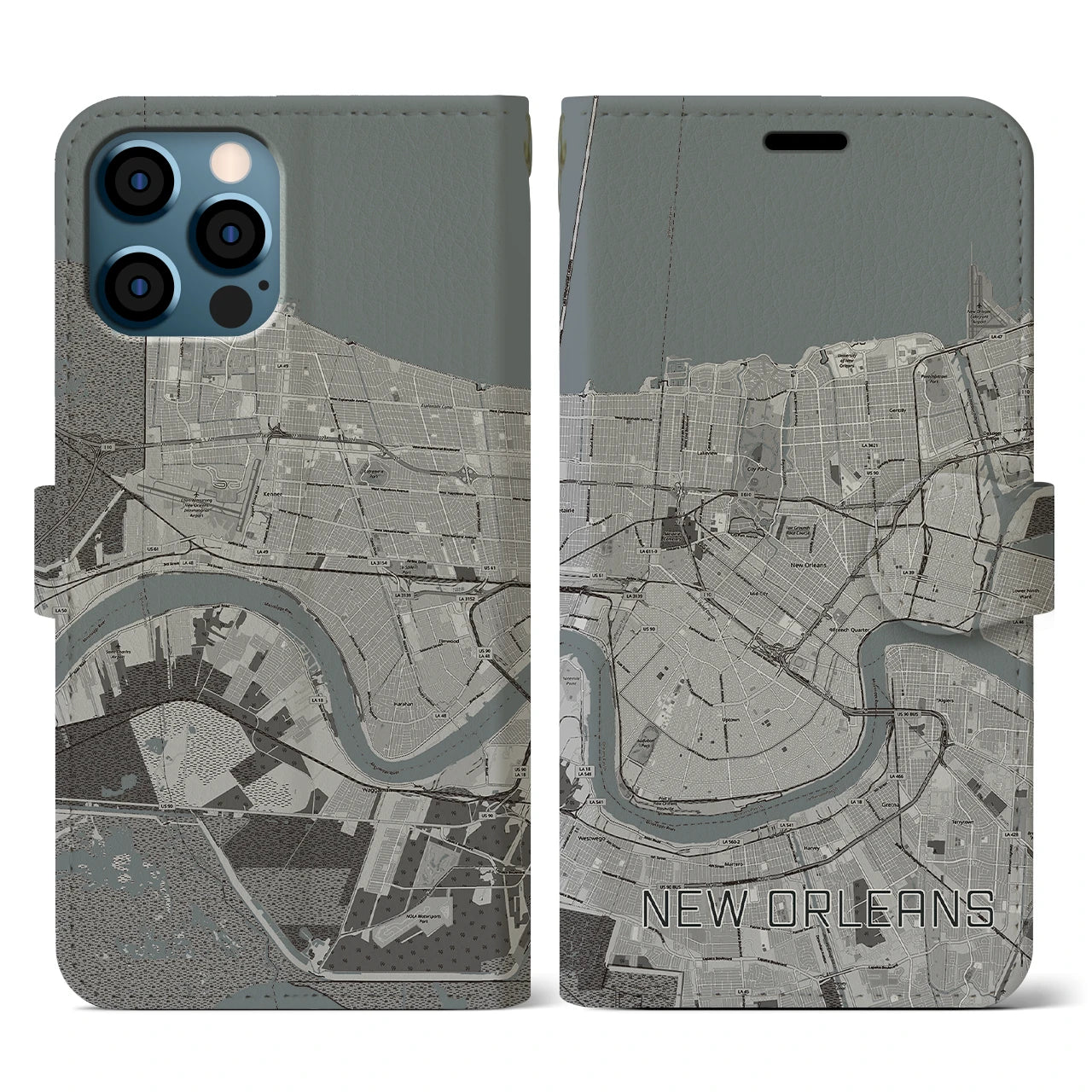 【ニューオーリンズ(アメリカ)】地図柄iPhoneケース(手帳タイプ)モノトーン・iPhone 12 / 12 Pro 用