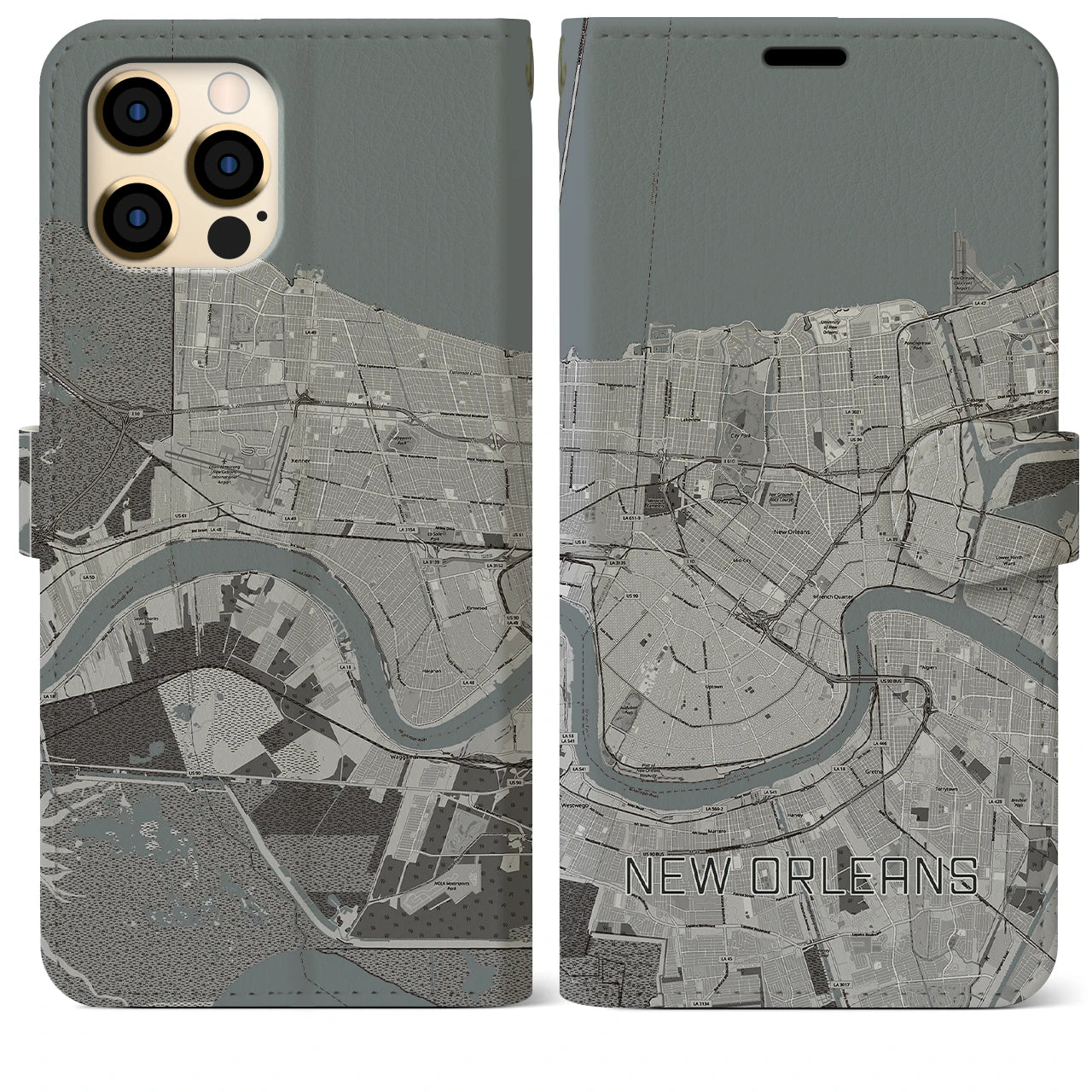 【ニューオーリンズ(アメリカ)】地図柄iPhoneケース(手帳タイプ)モノトーン・iPhone 12 Pro Max 用
