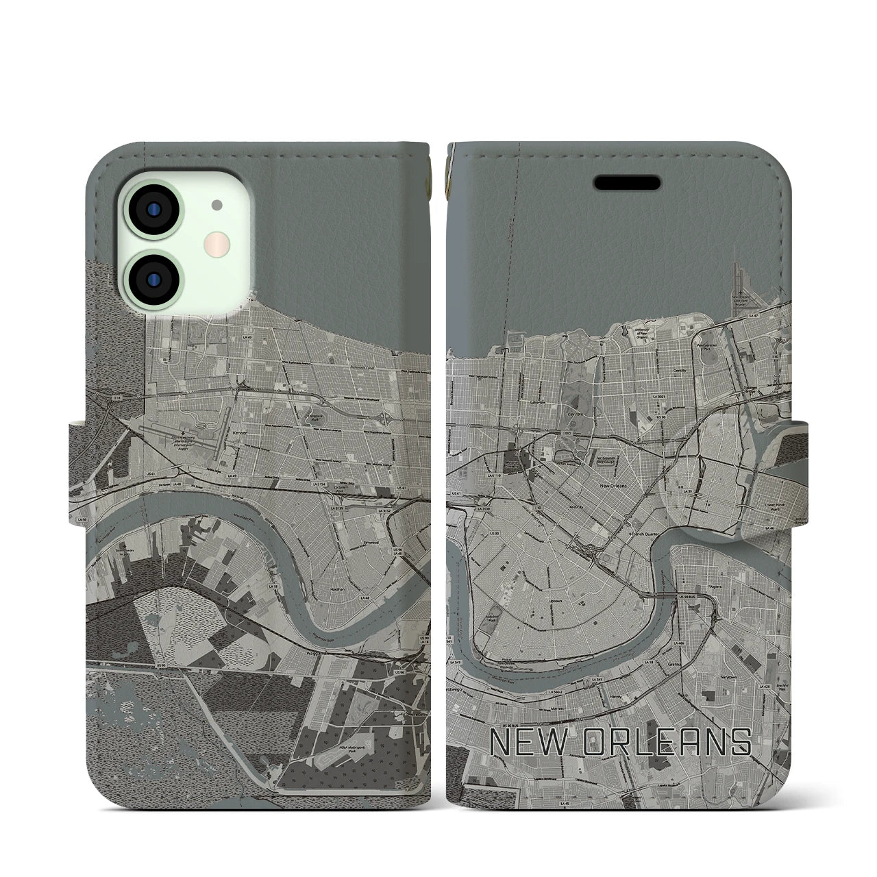 【ニューオーリンズ(アメリカ)】地図柄iPhoneケース(手帳タイプ)モノトーン・iPhone 12 mini 用