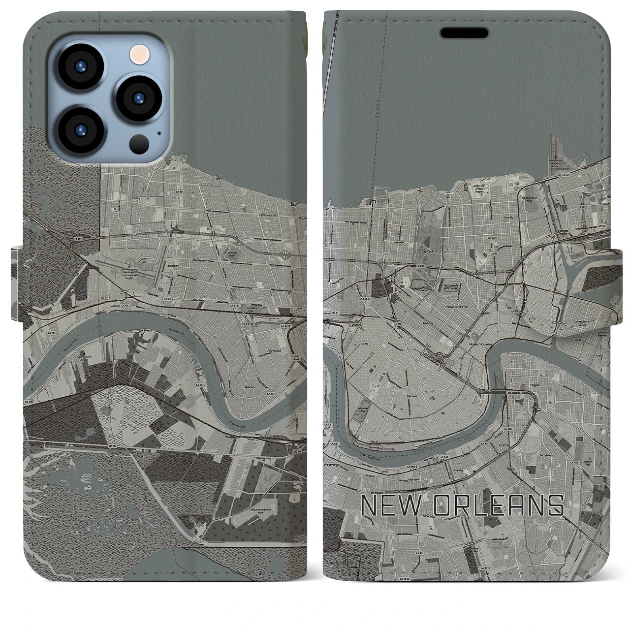 【ニューオーリンズ(アメリカ)】地図柄iPhoneケース(手帳タイプ)モノトーン・iPhone 13 Pro Max 用