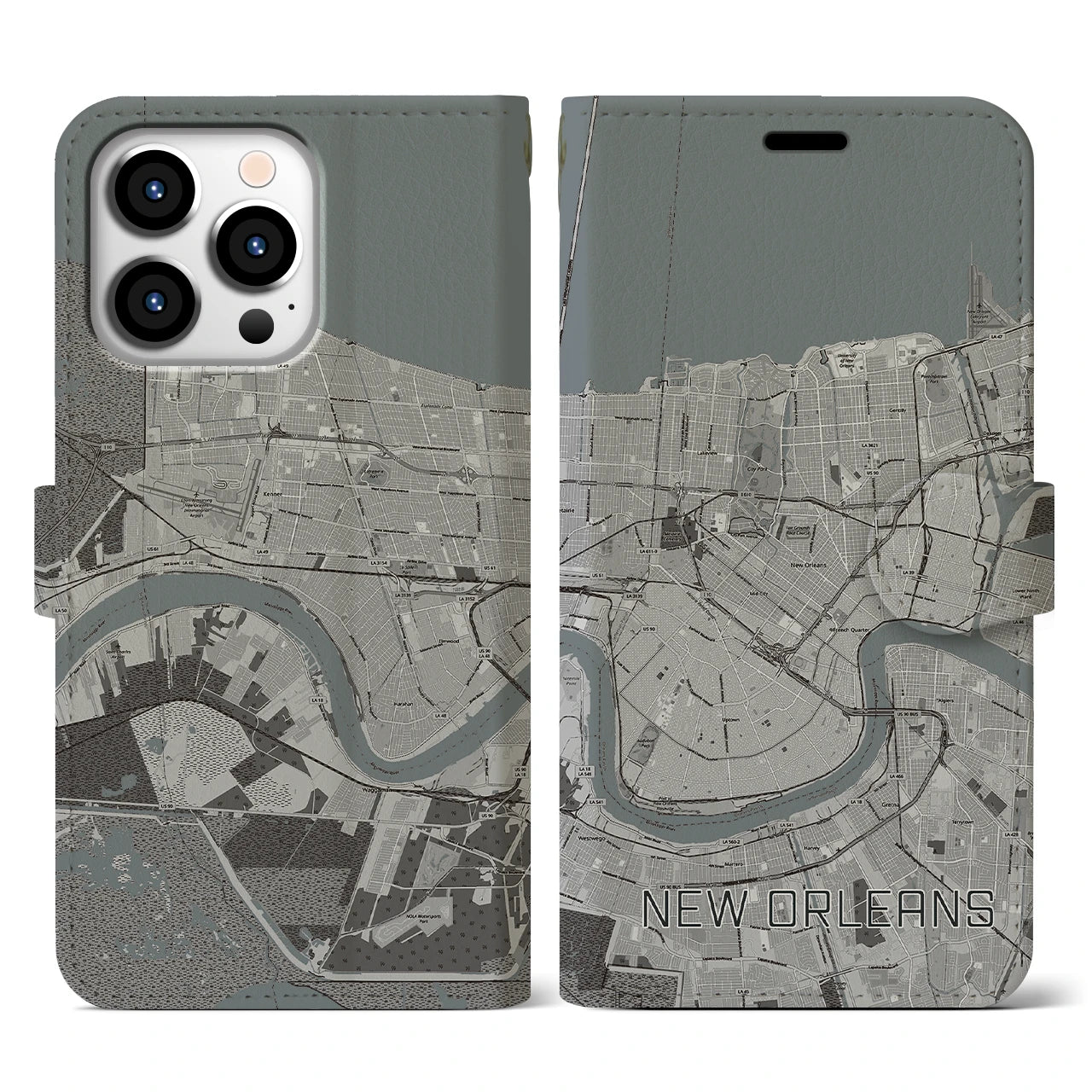 【ニューオーリンズ(アメリカ)】地図柄iPhoneケース(手帳タイプ)モノトーン・iPhone 13 Pro 用