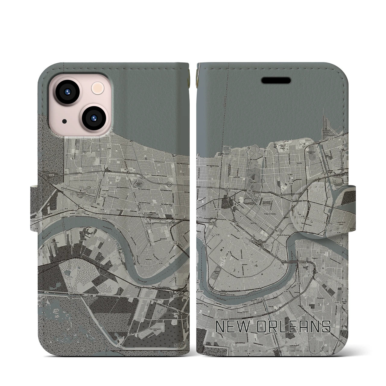 【ニューオーリンズ(アメリカ)】地図柄iPhoneケース(手帳タイプ)モノトーン・iPhone 13 mini 用