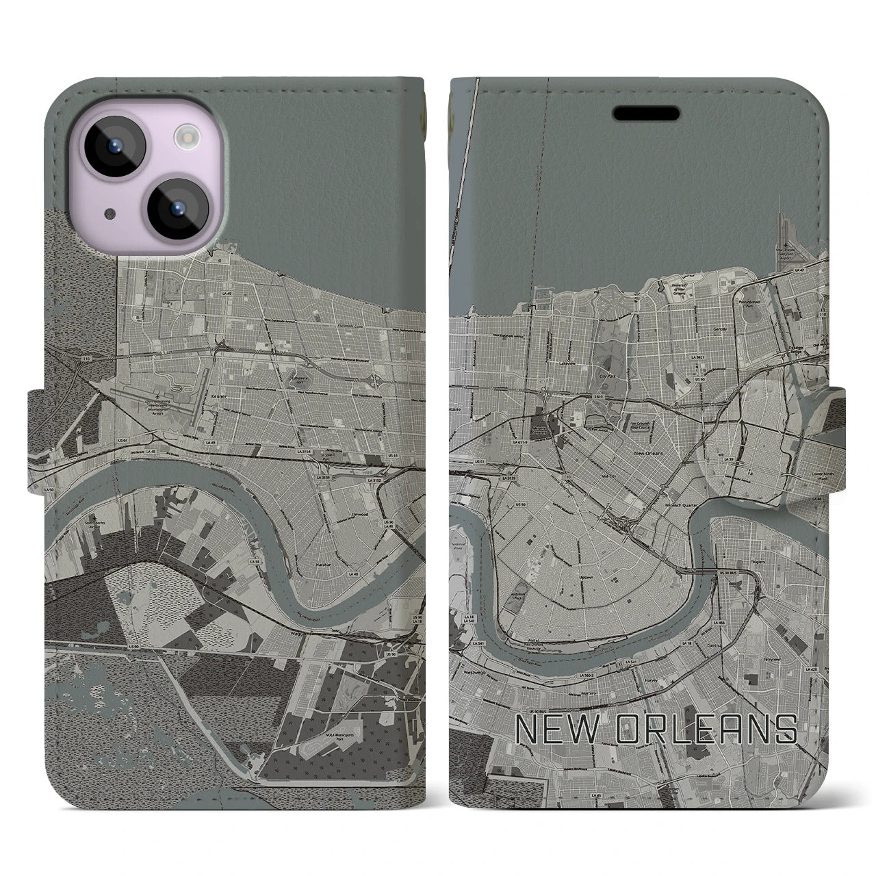 【ニューオーリンズ(アメリカ)】地図柄iPhoneケース(手帳タイプ)モノトーン・iPhone 14 用