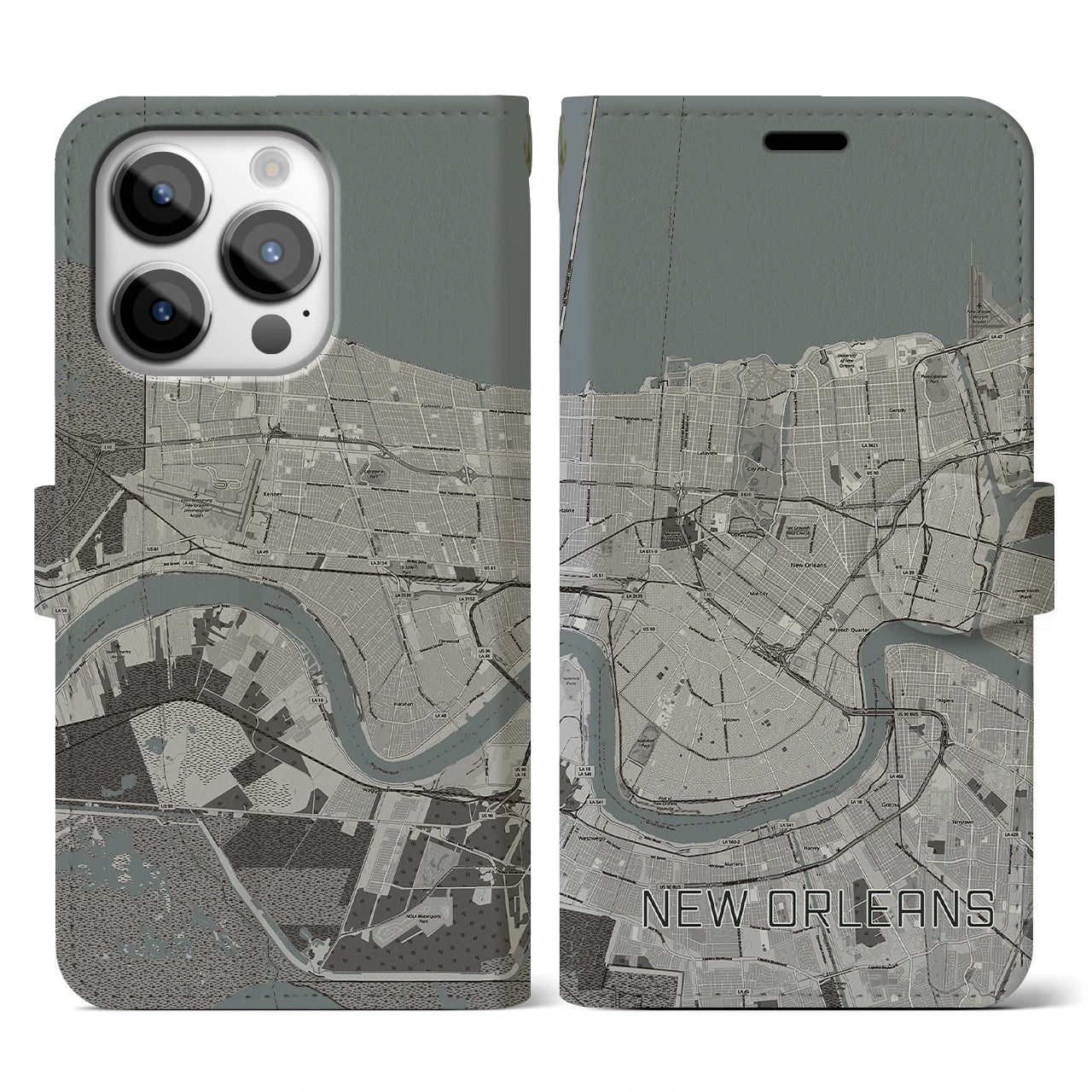 【ニューオーリンズ(アメリカ)】地図柄iPhoneケース(手帳タイプ)モノトーン・iPhone 14 Pro 用