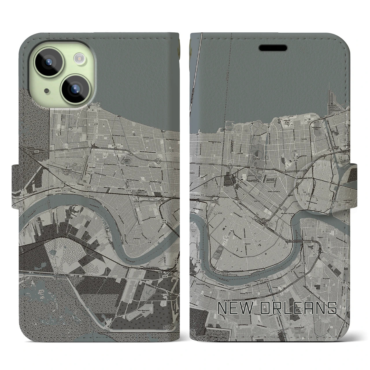 【ニューオーリンズ(アメリカ)】地図柄iPhoneケース(手帳タイプ)モノトーン・iPhone 15 用