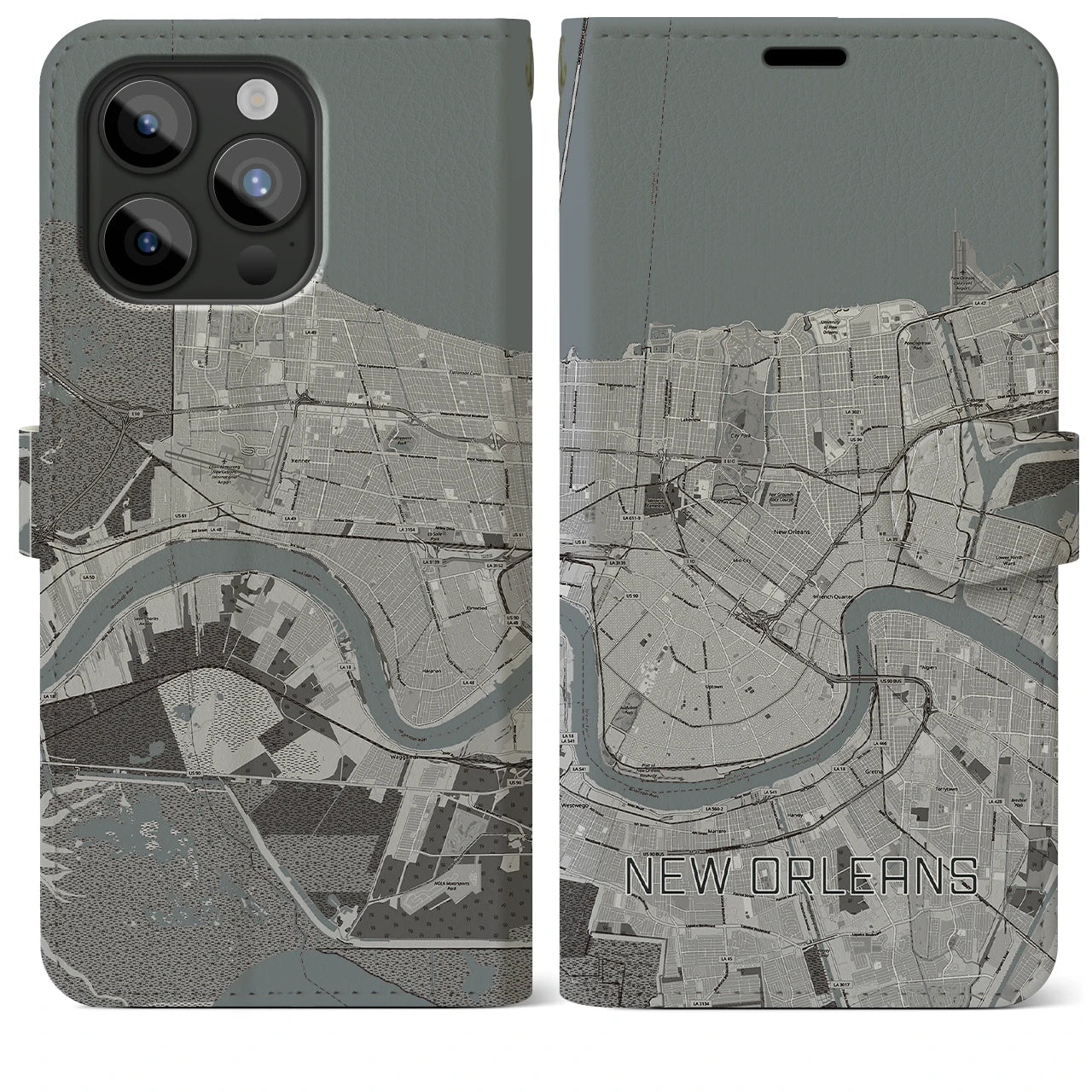 【ニューオーリンズ(アメリカ)】地図柄iPhoneケース(手帳タイプ)モノトーン・iPhone 15 Pro Max 用