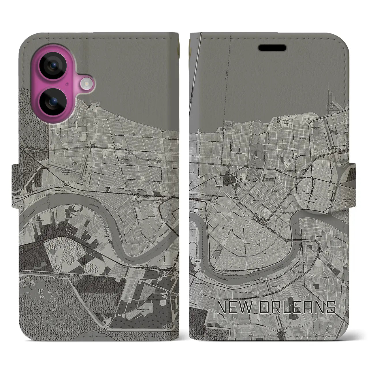 【ニューオーリンズ(アメリカ)】地図柄iPhoneケース(手帳タイプ)モノトーン・iPhone 16 Pro 用